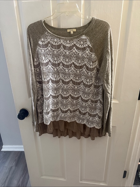 Kori Tops - KORI Gray Knit Long-Sleeve Top with White Lace Front and Brown Layered Hem